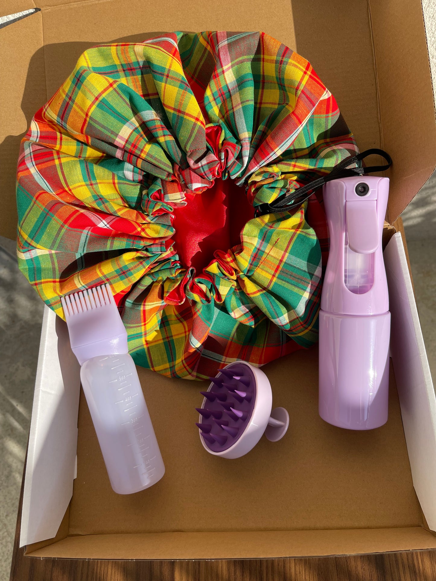 Kit routine capillaire violet + bonnet en Madras, hydratation et soin du cuir chevelu “ MADRAS”