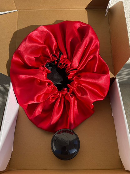 Pack duo bonnet en satin réversible et ajustable + brosse massante du cuir chevelu