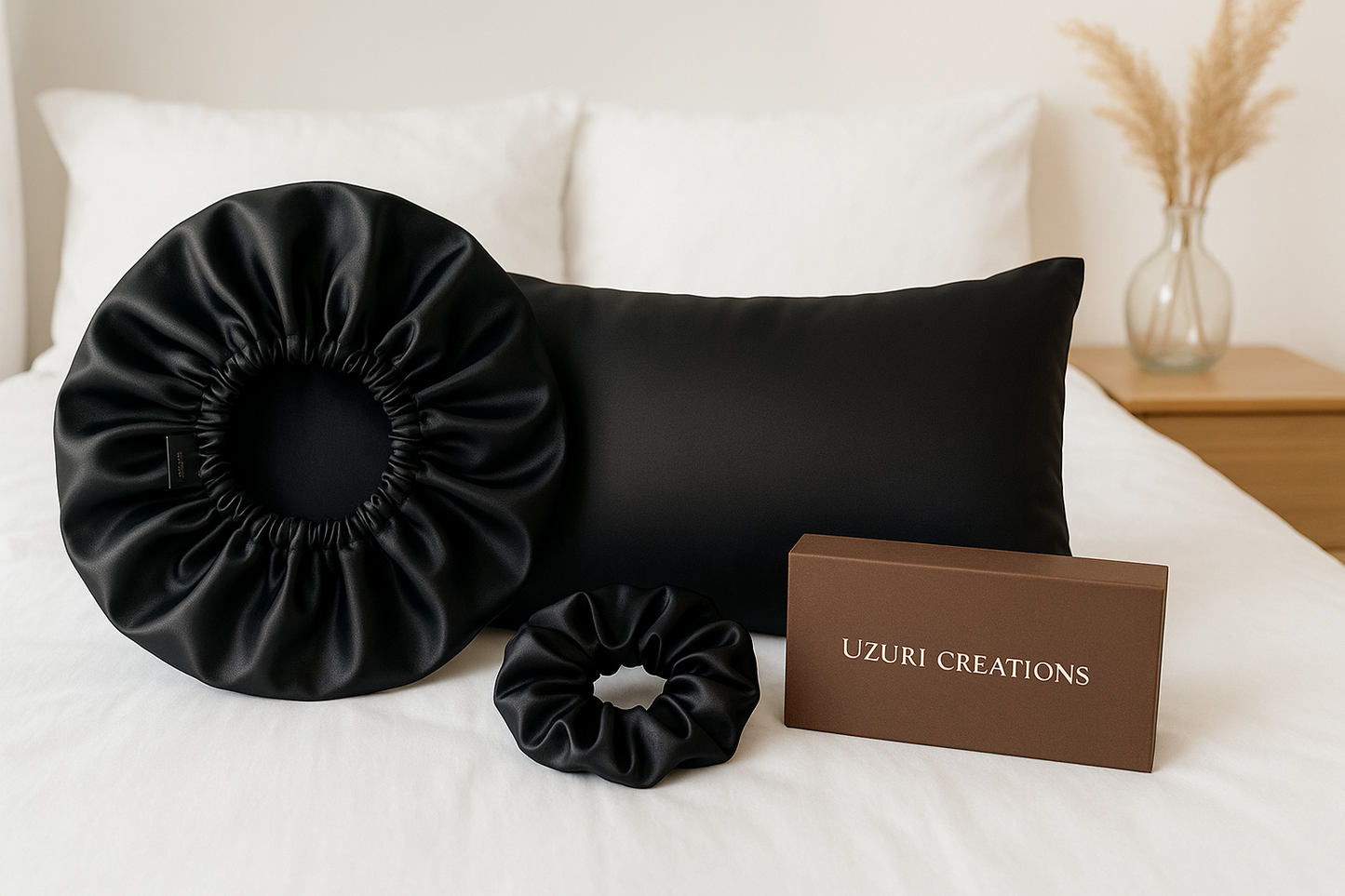 Bonnet en satin - Taie d'oreiller en satin - chouchou en satin taille M - Pack cadeau luxe “NOIR INTENSE”