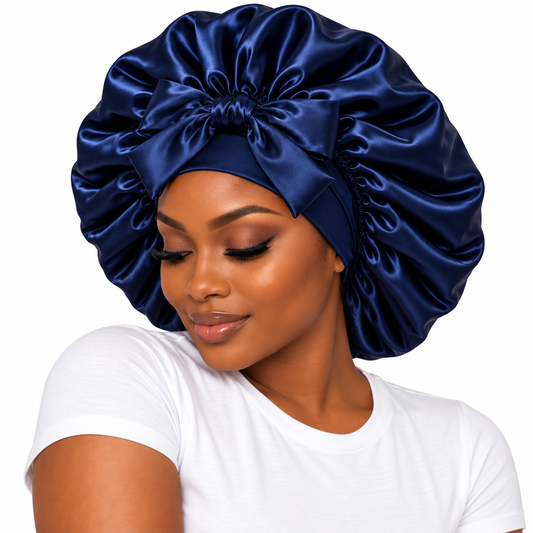 Bonnet Malyah bleu marine - satin à nouer — Protection, confort et élégance