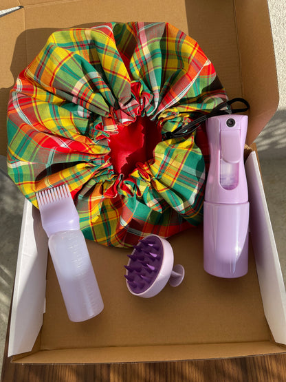 Kit routine capillaire violet + bonnet en Madras, hydratation et soin du cuir chevelu “ MADRAS”