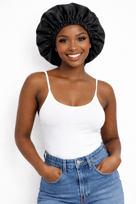 Bonnet de nuit en satin ajustable - bonnet en satin pour cheveux “ THE BLACK ” Taille standard